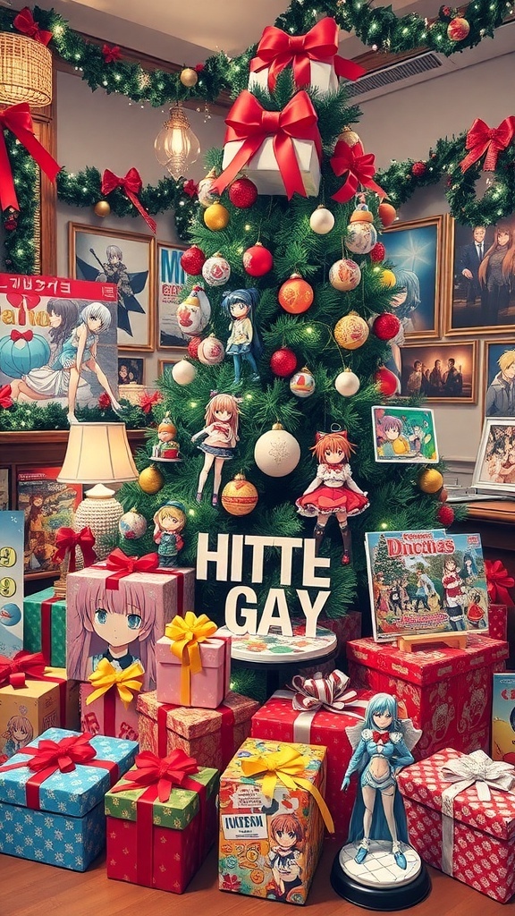 A collection of anime gifts including figurines, posters, and manga around a Christmas tree.